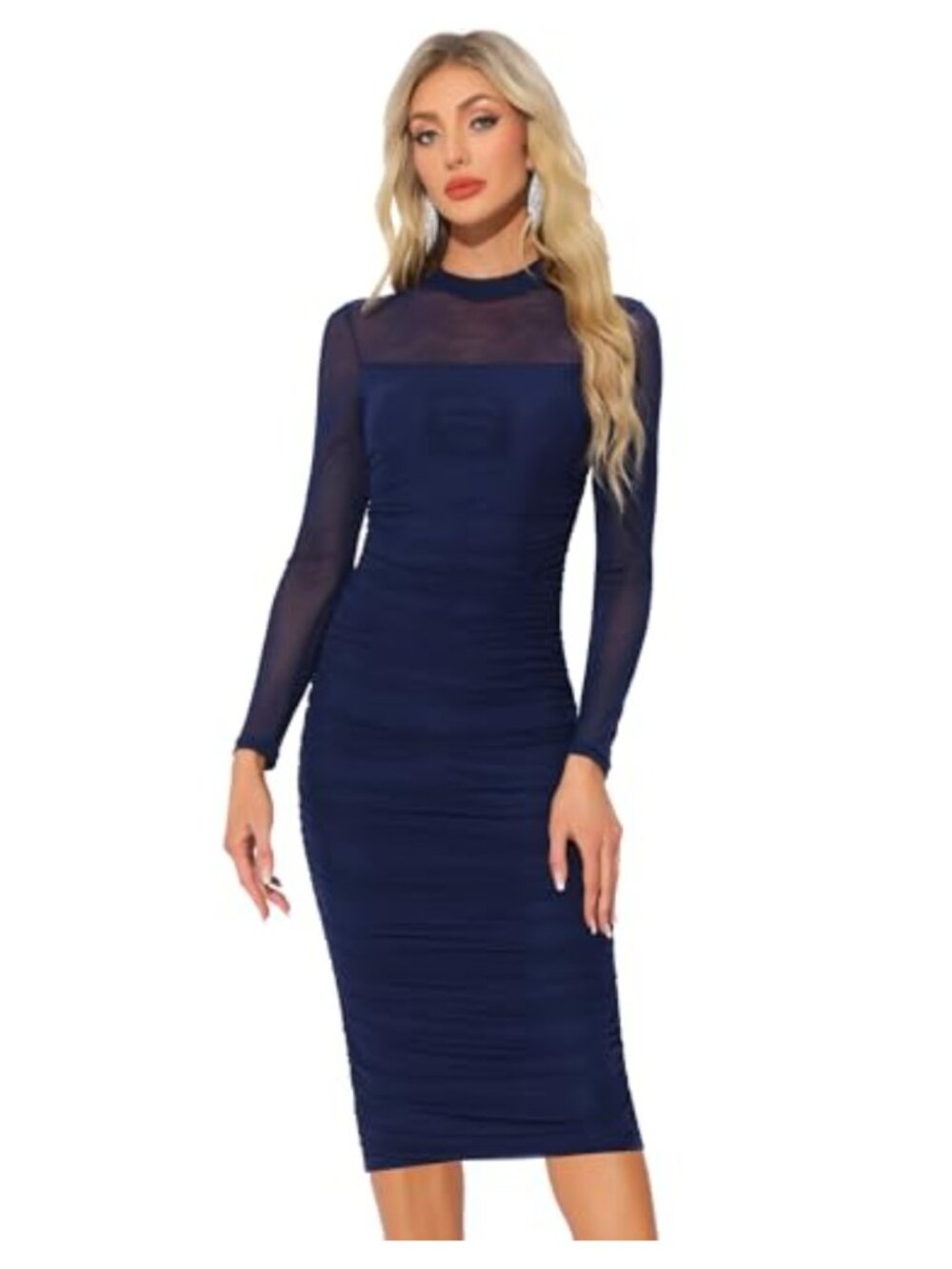 Allegra K Mesh Bodycon Dress Long Sleeve Mock Neck Ruched Midi